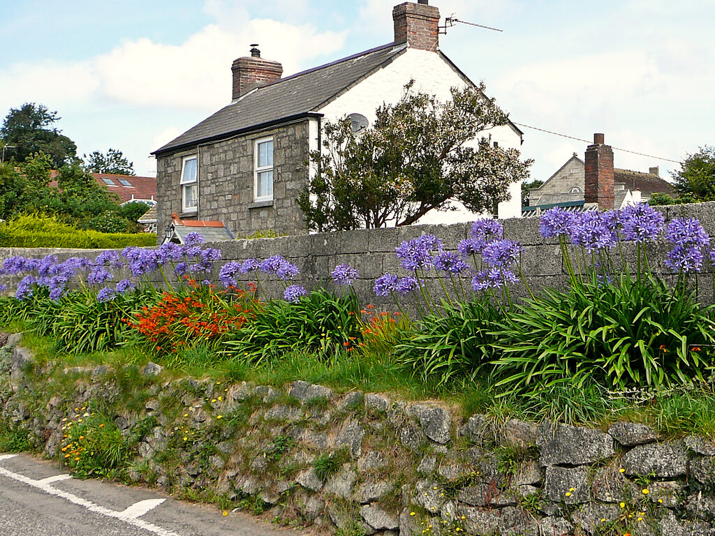 Granite cottages and agapanthus behind a stone wall on Bowling Green in Constantine